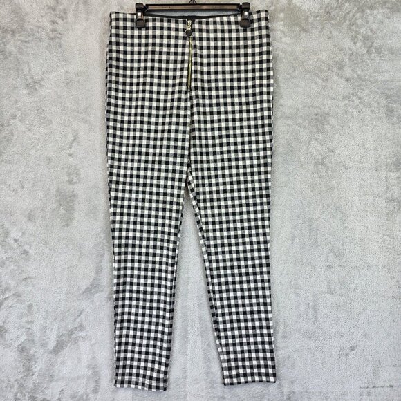 Zara Pants Womens XL Black White Gingham Check Stretch Skinny Ankle Zip Front - Picture 2 of 12